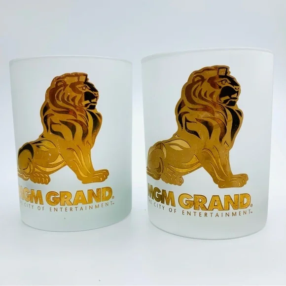 Vtg Las Vegas MGM Grand Casino Hotel Frosted Whiskey Lowball Glasses Gold Lions
