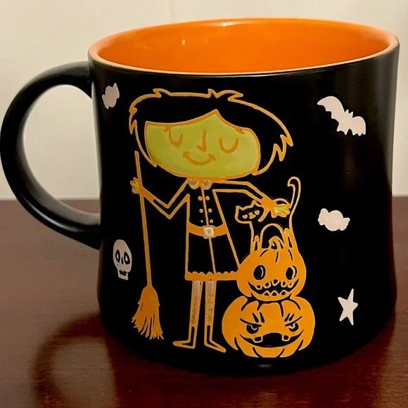 Mug 16oz goth girl witch with black cat & pumpkin skull bats