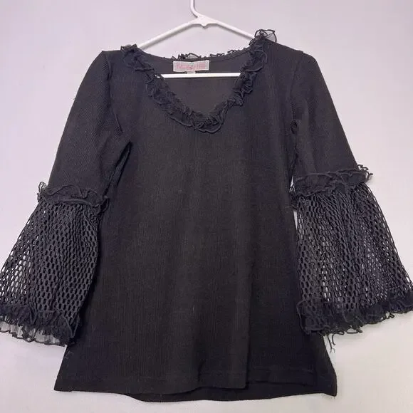 Pretty Angel Womens Gothic Ruffle Neck Bell Sleeve Lace Black Sz S Festival Boho