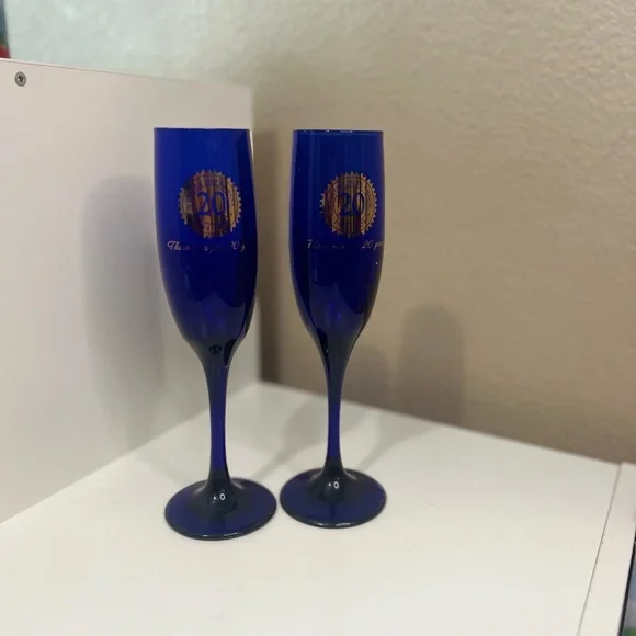 Western Sierra Bank 20th Anniversary Cobalt Blue Champagne Flutes Set of 2