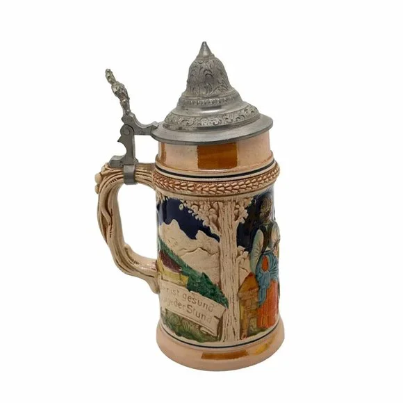Antique Vintage German Beer Stein Heilt allen Schmerz Ein Frohes Herz 7 Inches