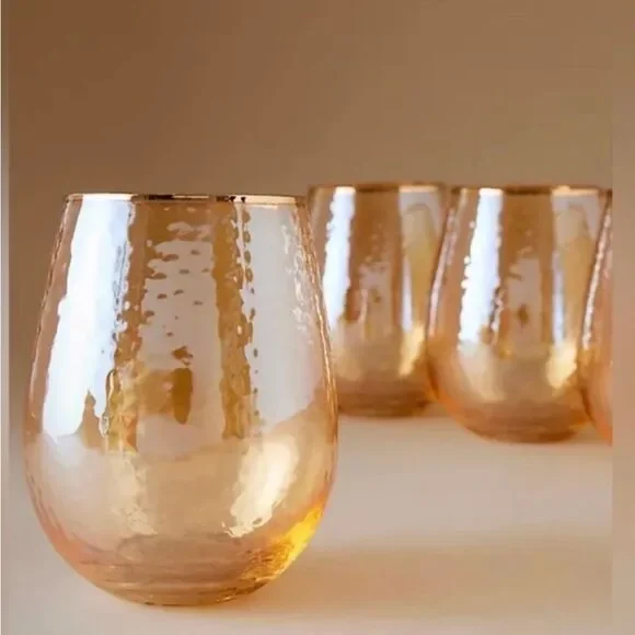 ANTHROPOLOGIE Stemless Wine Glasses Zaza Honey Lustered Set of 2