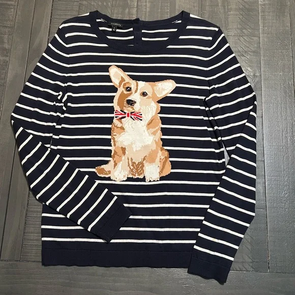 Talbots Navy Striped CORGI Dog Sweater - Size Small