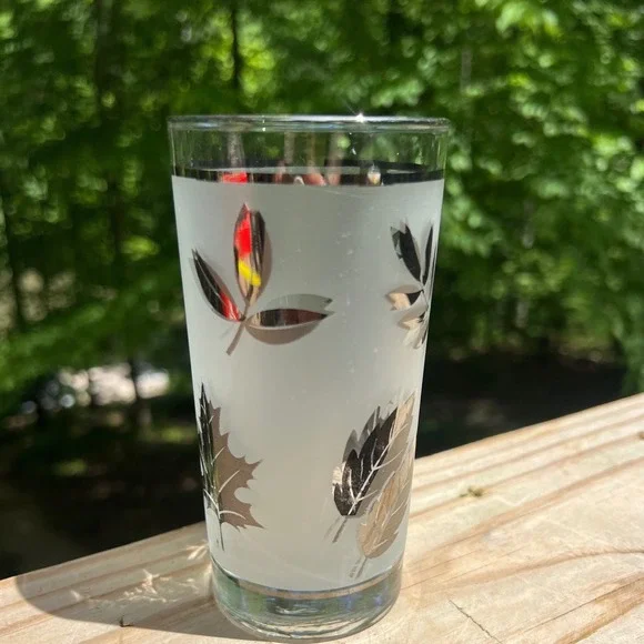 Tumbler Glass Libbey 1950s Mid Century Modern Frosted Silver Leaf Barware Drink