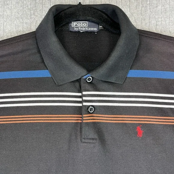 Polo Ralph Lauren Vintage Men Polo Dress shirt L Striped Red‎ Pony short sleeve