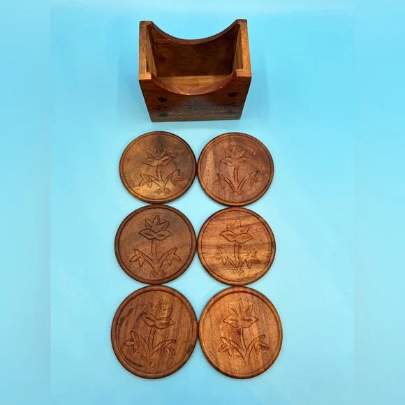 Brown Wooden Floral Coaster Set with Holder