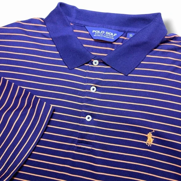 Ralph Lauren Polo Golf XL Striped Orange Navy Pima Preppy Club Men Shirt