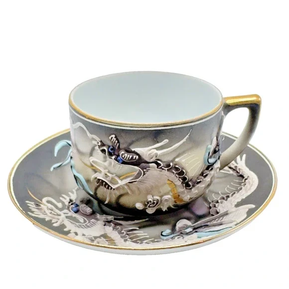 Vintage Geisha Lithophane Dragonware Small Teacup & Saucer Moriage Black Japan