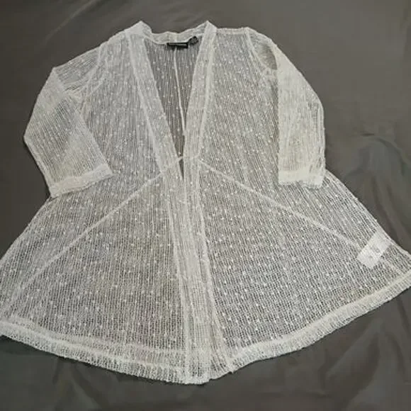 Nina Leonard Medium white sheer-knit hip-length long-sleeved cardigan delicate