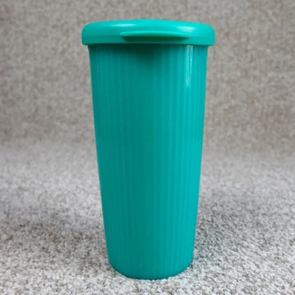 Tupperware Double Wall 24oz Tall Tumbler Teal Green Fluted Cup with Straw Lid