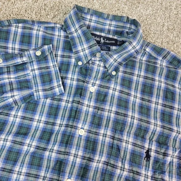 Vintage Ralph Lauren Blaire Mens Large Green Blue Plaid Pony Button Down LS
