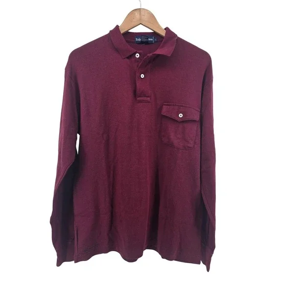 Ralph Lauren Polo Shirt Mens L Burgundy Long Sleeve Flap Pocket Cotton Classic