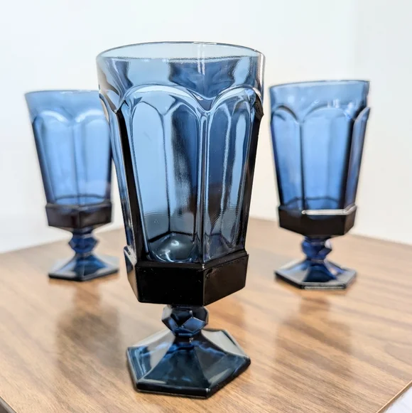 Set Of 4 Vintage 80s Dark Blue Virginia Pattern By Fostoria Ice Tea Glasses