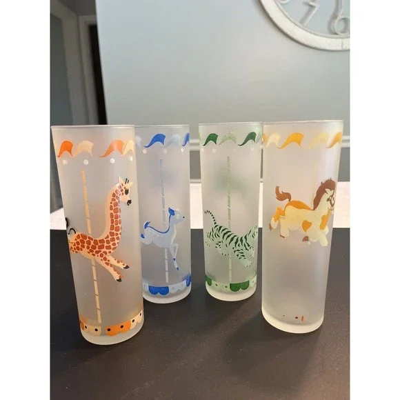 Vtg 1950’s Libbey Carousel Tom Collins Frosted Glasses Horse Giraffe Tiger Deer