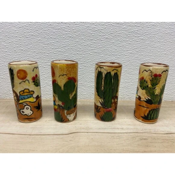 Mexican Folk Art Terracotta Pottery Tumblers Hand Painted Set Of 4