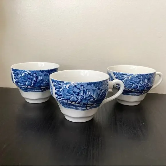 Staffordshire England Liberty Blue Tea Cups Colonial Set of Three