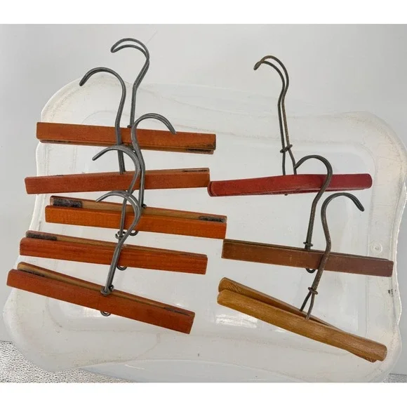 Vintage Wooden Clamp Skirt Pants Hangers Lot of 8 Felt Lined Metal Swivel Hooks