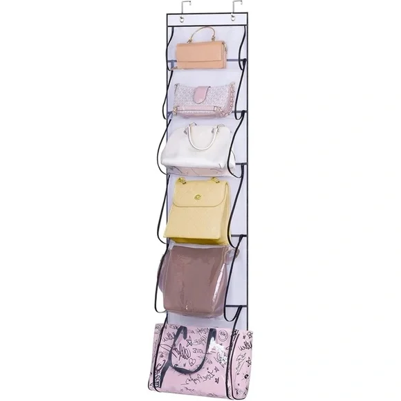 MISSLO 6 Clear Pockets Over Door Organizer for Handbags,Caps,Accessories (White)