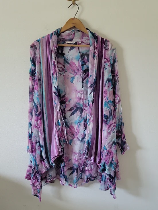 Soft Surroundings Purple Teal Floral Stripe Crinkle Cardigan Size XL
