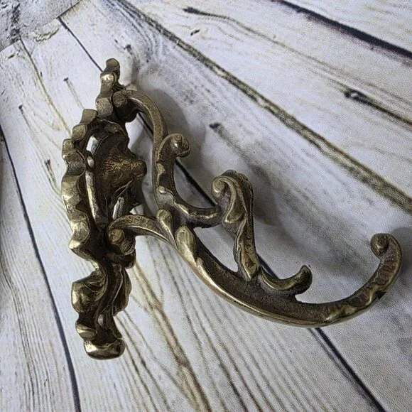 Large Vintage Fancy Cast Iron Brass Gold Paint Coat Hook, 5 1/2” x 4 1/2 Inches
