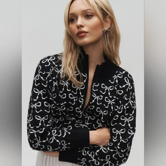 Maeve Anthropologie The Montana Mock-Neck‎ Half-Zip Sweater Black Bow Print Sz M
