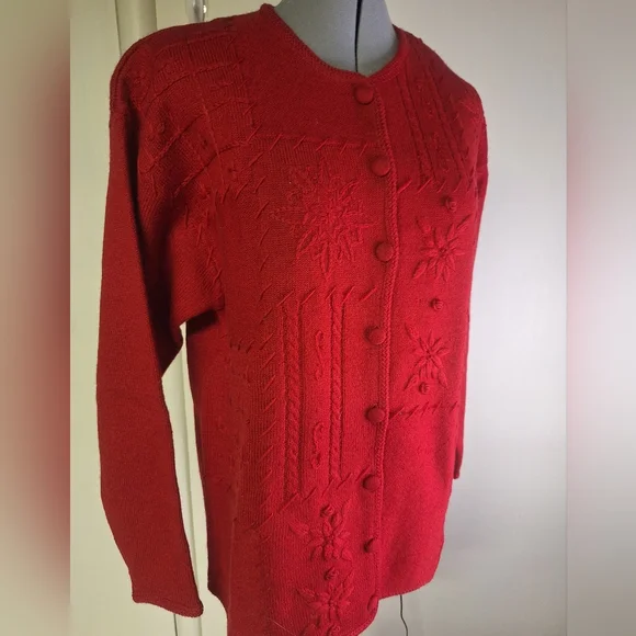 Korea 100% Wool Red Cardigan w/ Covered Buttons Size Small