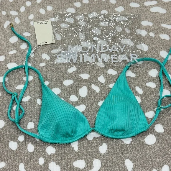 NWT Monday Swimwear bikini top Kauai turquoise wide rib open back triangle