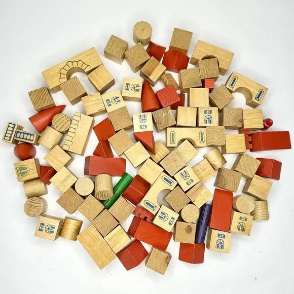 Vintage‎ Building Blocks For Kids Town Set 90 Pcs. Rounds, Rectangles, Triangles
