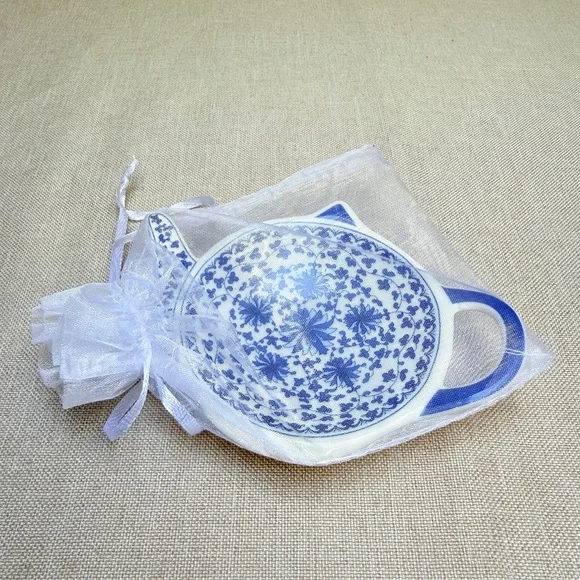 Blue and White Teapot Shaped Teabag Holder in Gift Bag