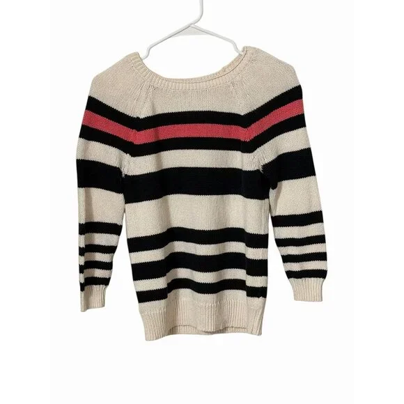 Loft Size Small 100% Cotton Cream Striped Sweater With Black And Coral Stripes