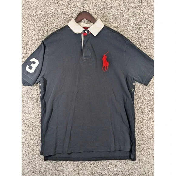 Vtg POLO Ralph Lauren Mens Black Polo Shirt Large Embroidered Red Pony Mesh Vent