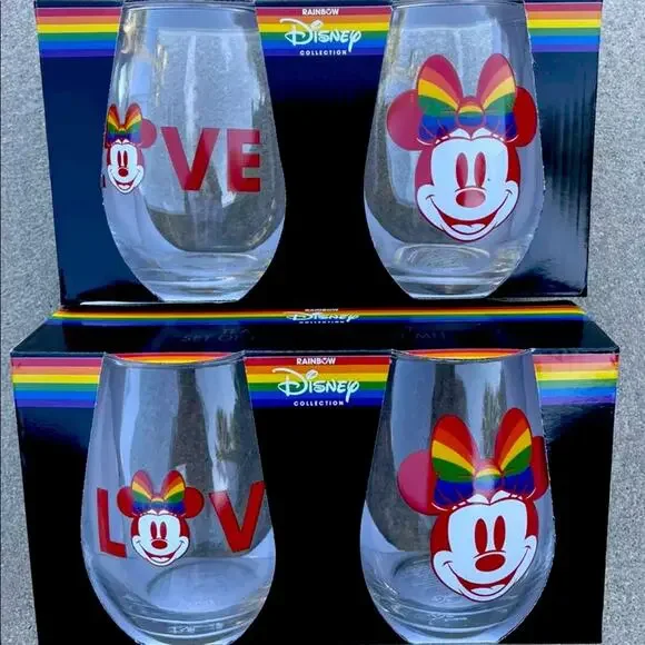 Disney Rainbow Pride Minnie Mouse Stemless Wine Glasses Set of 4 NEW