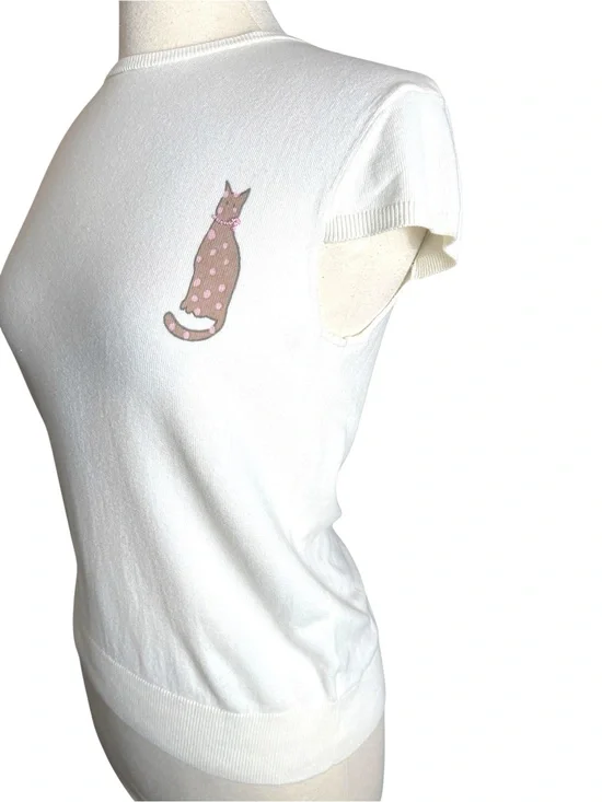 New TOPSHOP Cat Design Cap Sleeve Knit Top SZ M Cream