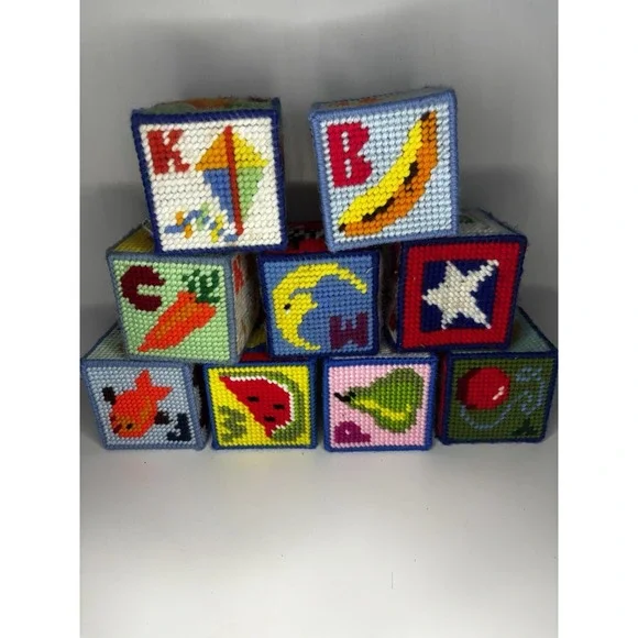9 Vintage Crochet Granny Square ABC Blocks Alphabet‎ Pictures Letters Bells