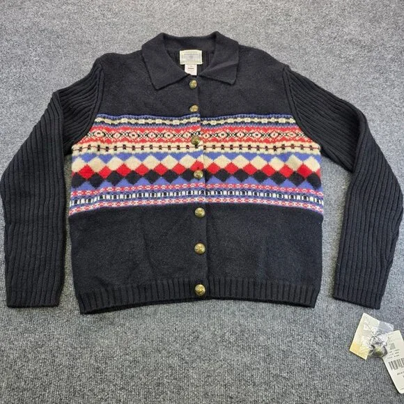 Vintage Susan Bristol Geometric Wool Cardigan Sweater Size M Black Quiet Luxury