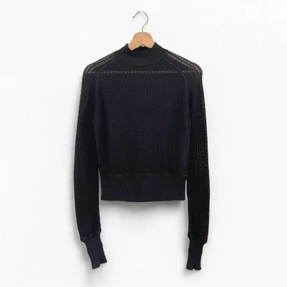 Alexander Wang Open Knit Mock Neck Sweater Top Cropped Slim Fit Black Medium