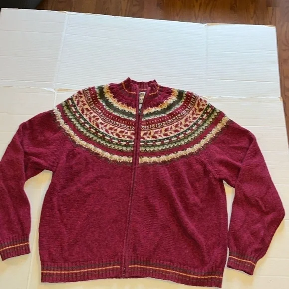 VTG-retro-y2k-TIARA-L-burgundy, full zip, knit, fair isle, cardigan sweater.