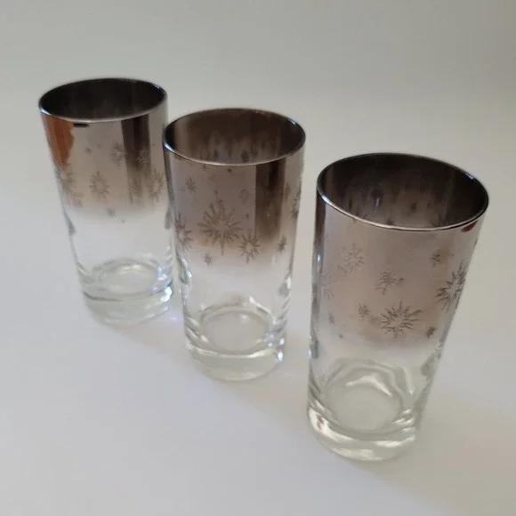 Dorothy Thorpe High Ball Glasses 3 Vintage Silver‎ Atomic Starburst Lusterware