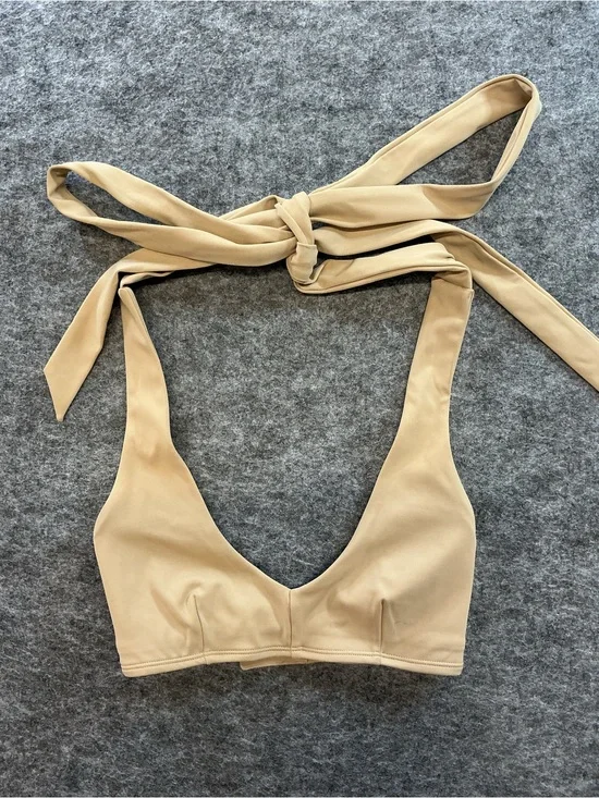 Monday Swimwear Trendy Neutral Halter Tie-Back Top — Beige Size P