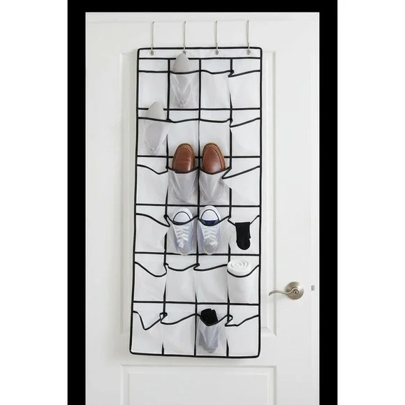 Over the Door Shoe Organizer 24 Mesh Pockets 22 x 59 in White Black Trim