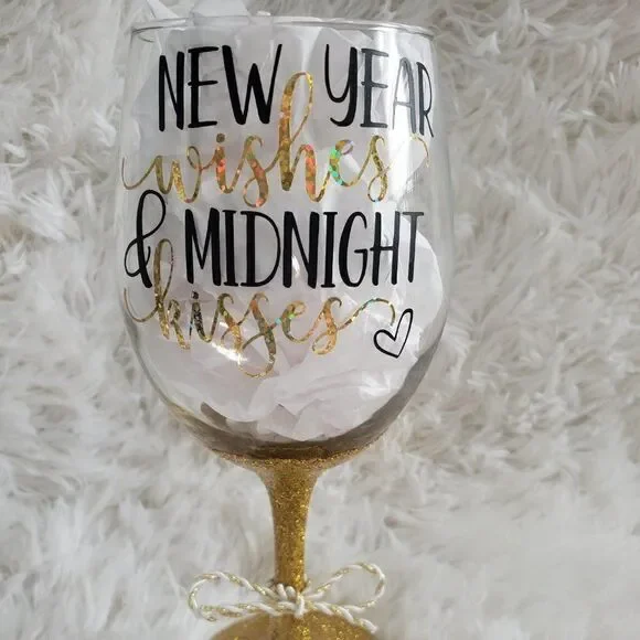 New Year's Wishes Midnight Kisses Gold Glittered Stemmed Wine Glass