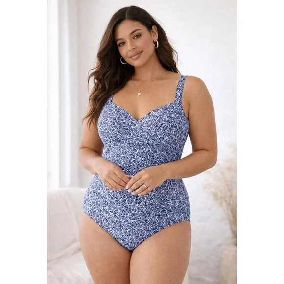 Miraclesuit Womens Sanibel One Piece Swimsuit Size 8 Blue Seashell Ruched Curvy