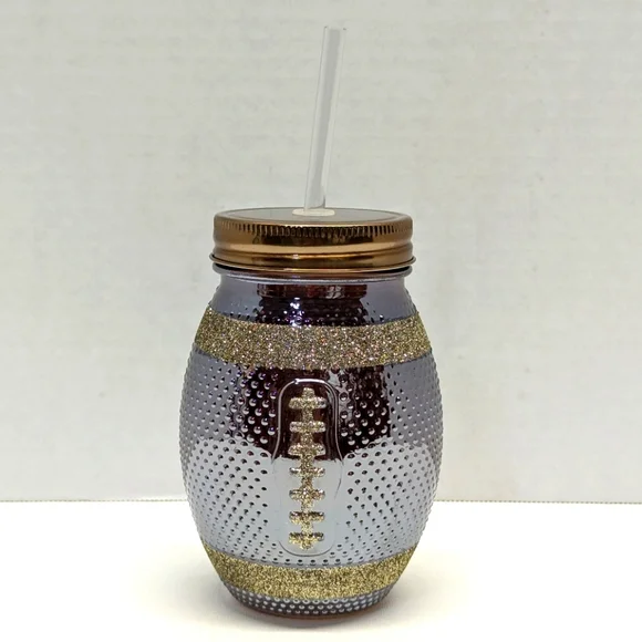 Glittery Football Glass Mason Jar Tailgate Tumbler Cup with Lid & Straw