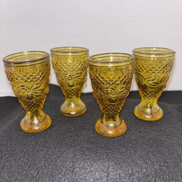 Cordial Glasses Four  Vintage Amber  1970s Taiwan Sandwich Pressed Liquor