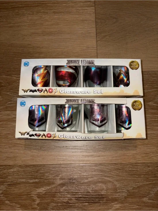 2 Sets Of 4 Justice League DC Glassware Shot Glasses Batman Superman Flash New
