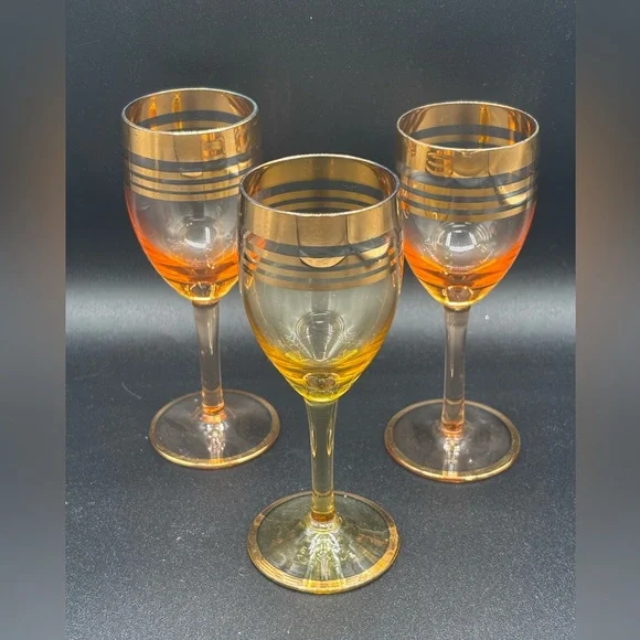 Vtg. (3) Amber Optic Gold Trim Sherry Cordial Stem Glasses Orange Yellow MCM