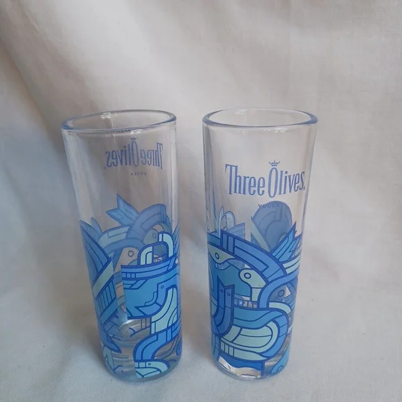 Three Olives Vodka Shot Glasses Blue Aztec Set of 2