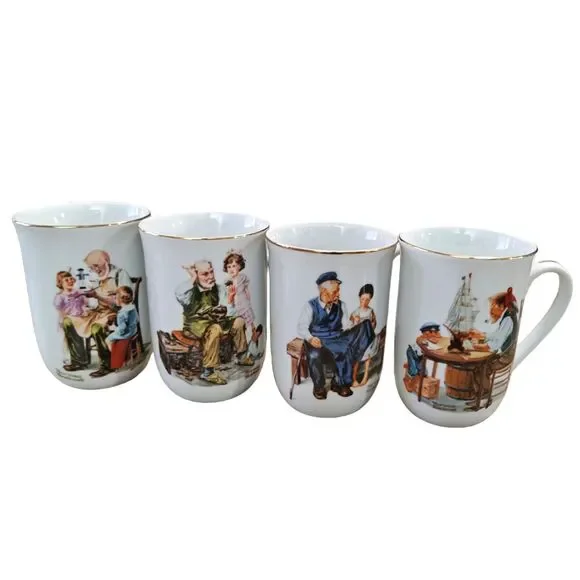 Vintage Norman Rockwell 1986 Collection Cups Mugs 4 Gold Trim + Glass Coasters