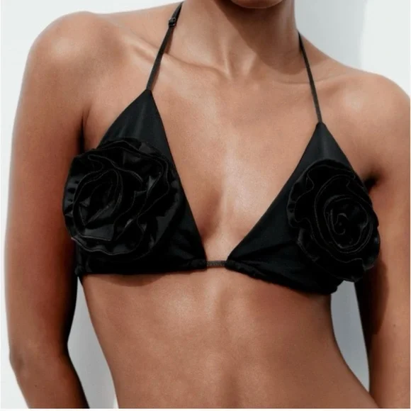 NWT Zara black rose flower bikini top Medium