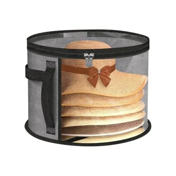 Round Hat Storage Box Clear Front Large Brim Hat‎ Organizer with Handles Gray